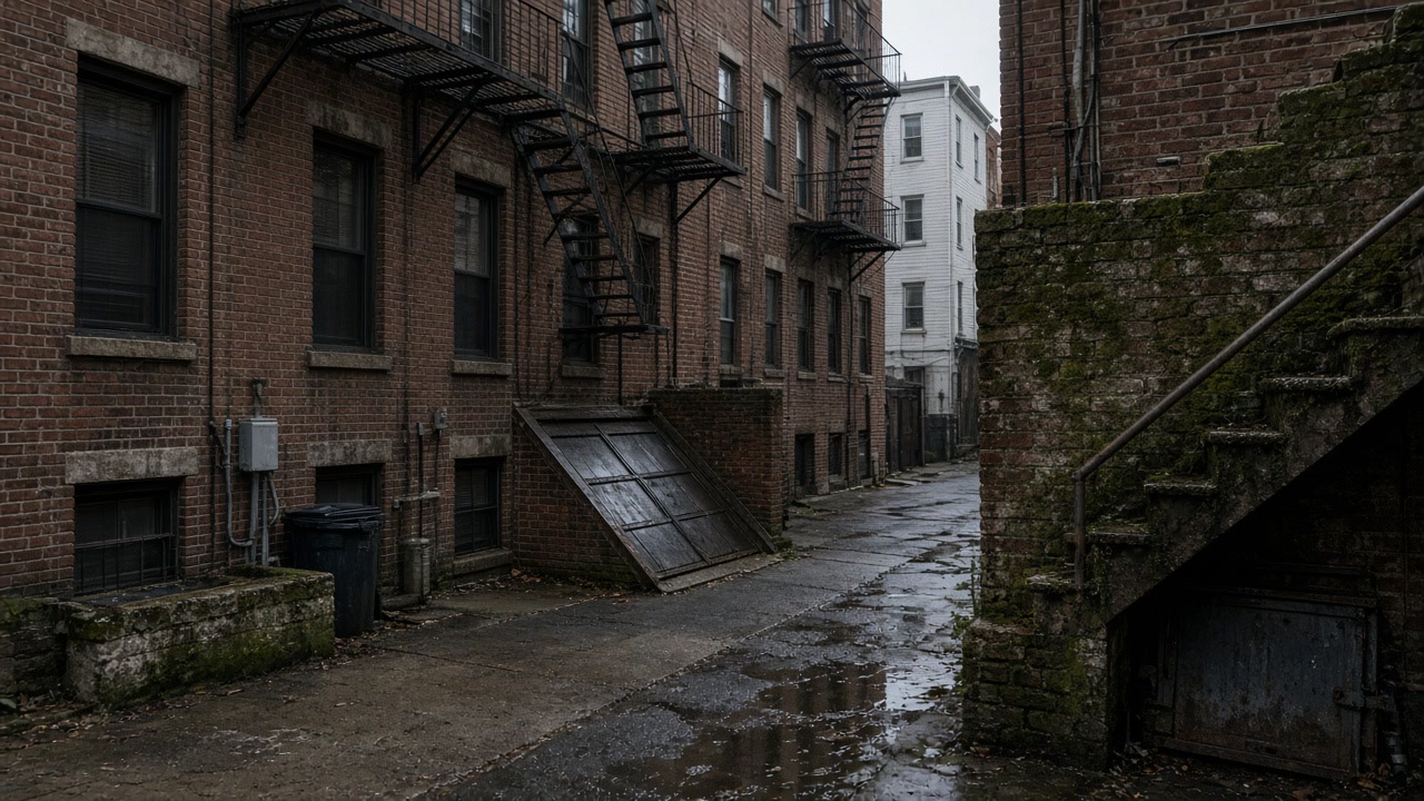 Damp brick alley with puddles, moss and fire escapes between multi-family buildings