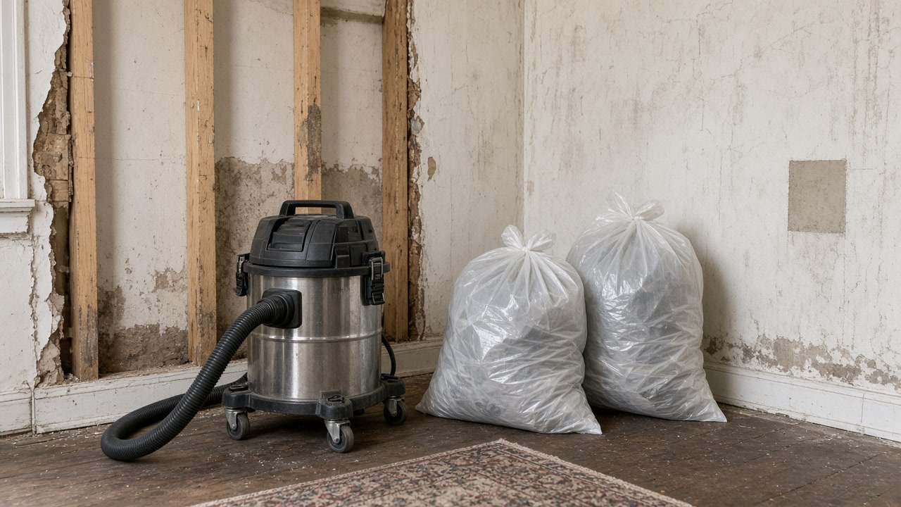 Shop vac and debris bags beside stripped plaster wall exposing studs