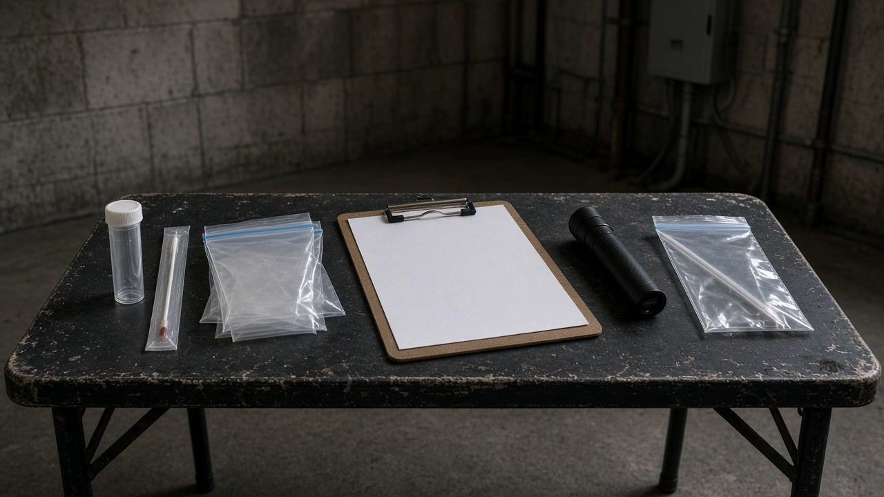 Swabs, sample bags, clipboard and flashlight on a folding table