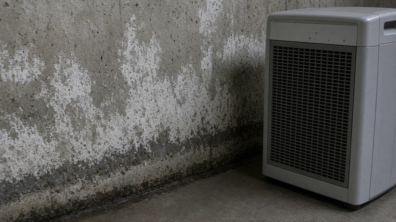 Portable dehumidifier beside damp concrete basement wall with efflorescence