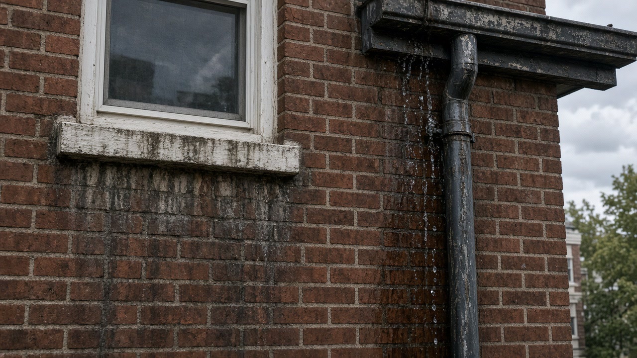 Leaking gutter joint wetting red brick facade below a window