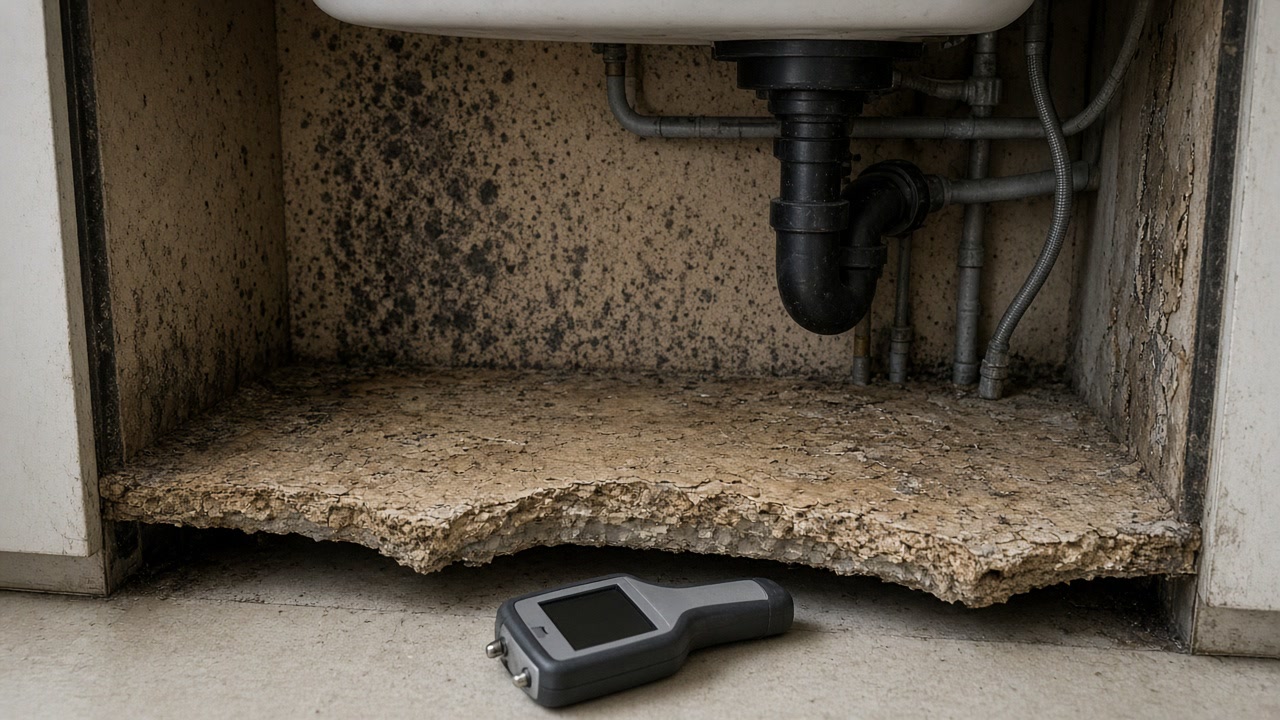 Under-sink cabinet with black mold, rotting shelf and moisture meter in front