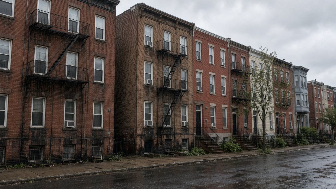 Jersey City brick multi-family row with damp lower masonry and fire escapes