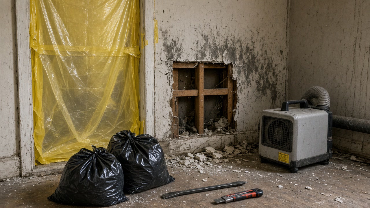 Opened moldy drywall beside yellow plastic containment with air scrubber and debris bags