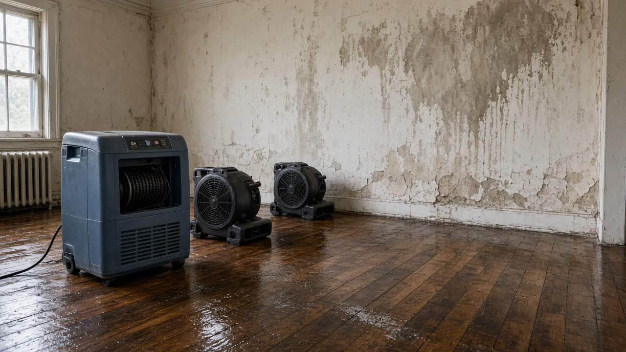 Blue dehumidifier and black air movers drying a wet room with peeling plaster